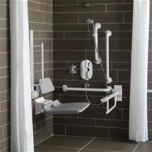 Shower room pack with folding shower seat and back support in grey, 3 x 60cm grab rails, 2 x hinged rails and 2 x 45cm  grab rails, lever operated thermostatic mixer for concealed supplies, shower handset holder, handset & hose, fixed short projection shower head, lever operated diverter, shower curtain and shower rail