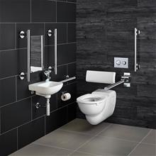 Doc M Contour 21 wall mounted left hand corner pack, rimless WC pan and support brackets, water saving dual flush Conceala cistern, grab rails, luxury back support, hinged support rail with toilet roll holder, seat no cover with retaining buffers, copper tails on TMV3 mixer tap.