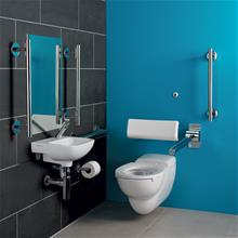 Doc M contour 21 and Sensorflow 21 wall mounted left hand pack, sensor tap and TMV3 thermostatic valve, rimless WC pan and support brackets, Conceala water saving delay fill 4.5litre Sensorflow cistern, hinged support rail and toilet roll holder